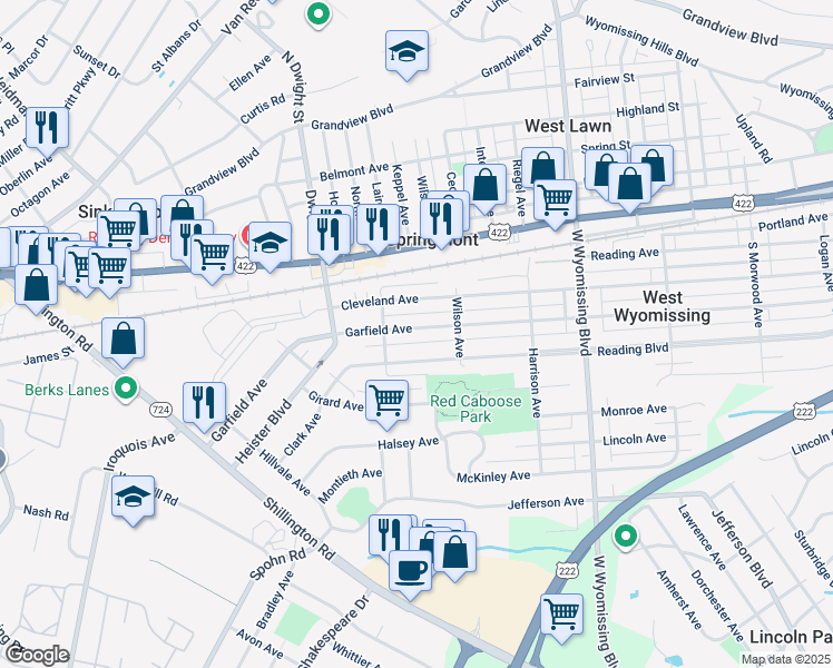 map of restaurants, bars, coffee shops, grocery stores, and more near 2542 Garfield Avenue in West Lawn