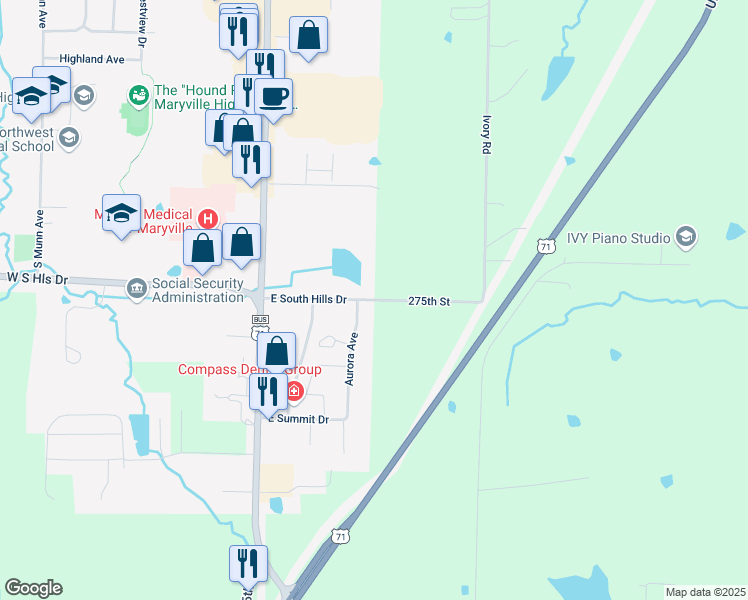 map of restaurants, bars, coffee shops, grocery stores, and more near 525 East South Hills Drive in Maryville