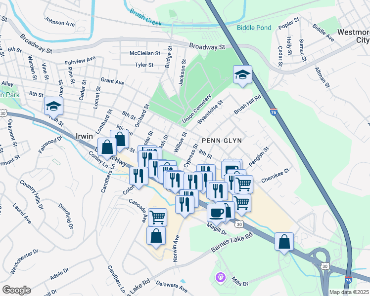 map of restaurants, bars, coffee shops, grocery stores, and more near 822 Cypress Street in Irwin
