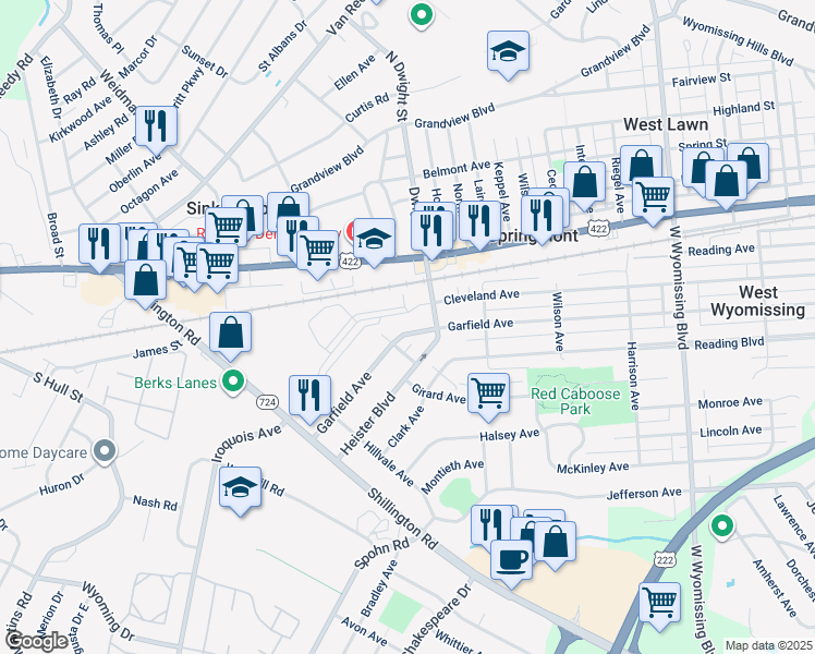 map of restaurants, bars, coffee shops, grocery stores, and more near 2709 Garfield Avenue in West Lawn