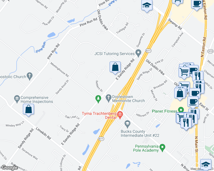 map of restaurants, bars, coffee shops, grocery stores, and more near 1040 East Sandy Ridge Road in Doylestown