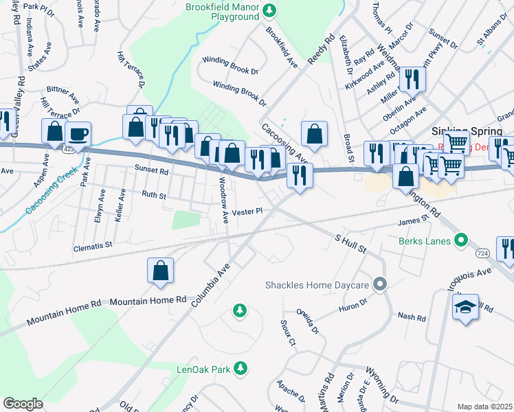 map of restaurants, bars, coffee shops, grocery stores, and more near 642 Vester Place in Sinking Spring