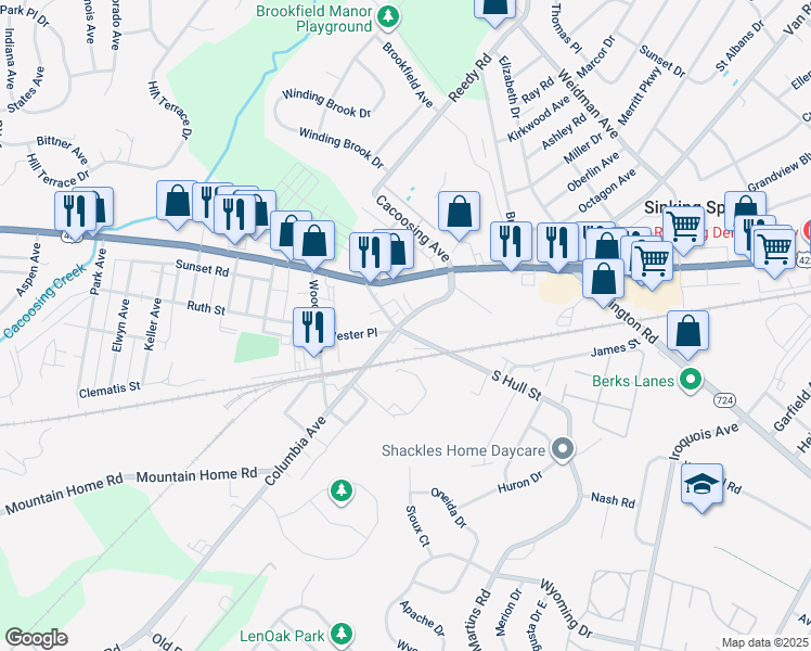 map of restaurants, bars, coffee shops, grocery stores, and more near 628 Columbia Avenue in Sinking Spring