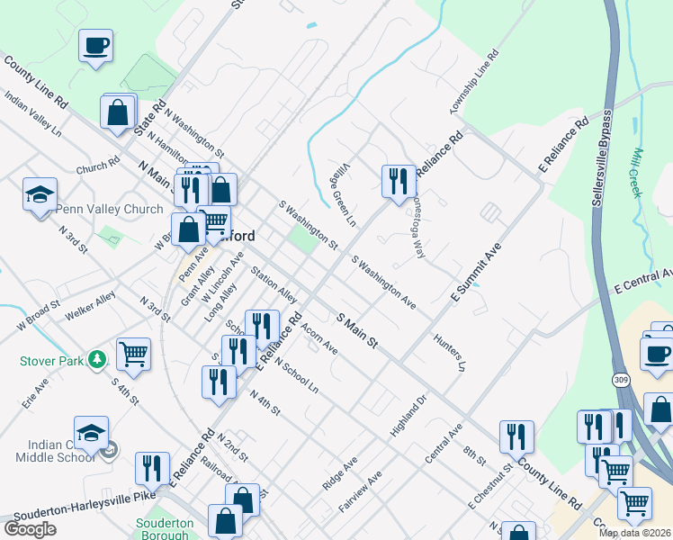 map of restaurants, bars, coffee shops, grocery stores, and more near 351 South Hamilton Street in Telford