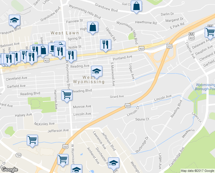 map of restaurants, bars, coffee shops, grocery stores, and more near 2131 Reading Boulevard in West Lawn