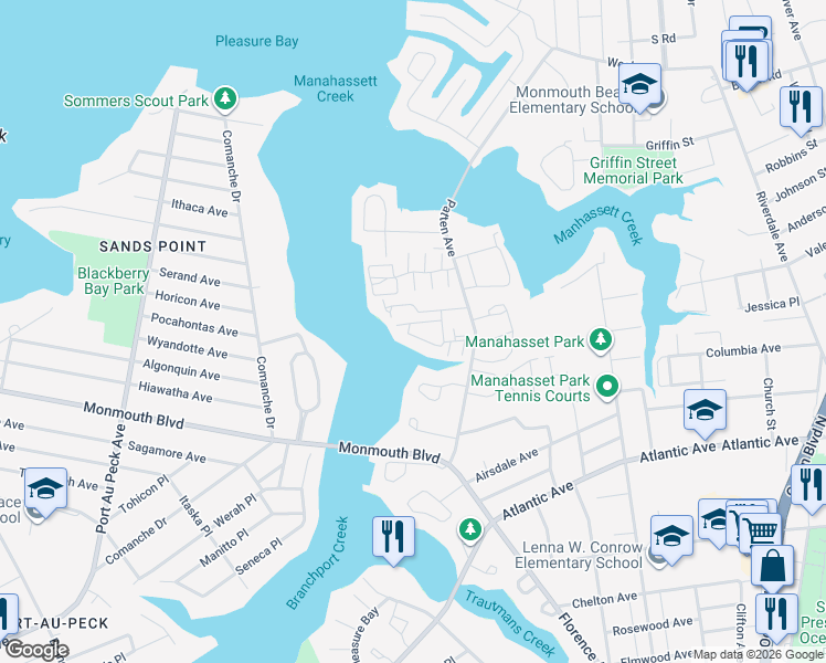 map of restaurants, bars, coffee shops, grocery stores, and more near 44 Sunset Avenue in Long Branch