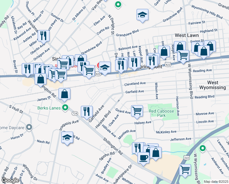 map of restaurants, bars, coffee shops, grocery stores, and more near 2709 Garfield Avenue in West Lawn