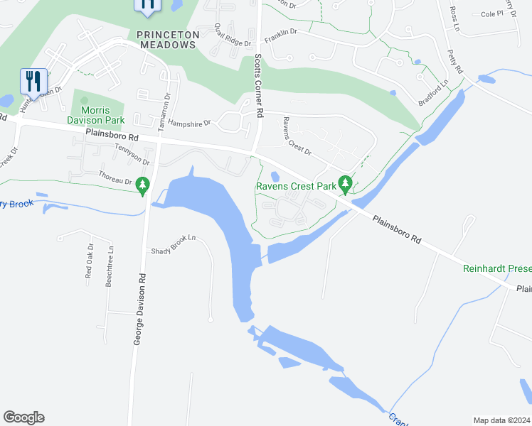 map of restaurants, bars, coffee shops, grocery stores, and more near 1216 Aspen Drive in Plainsboro Township