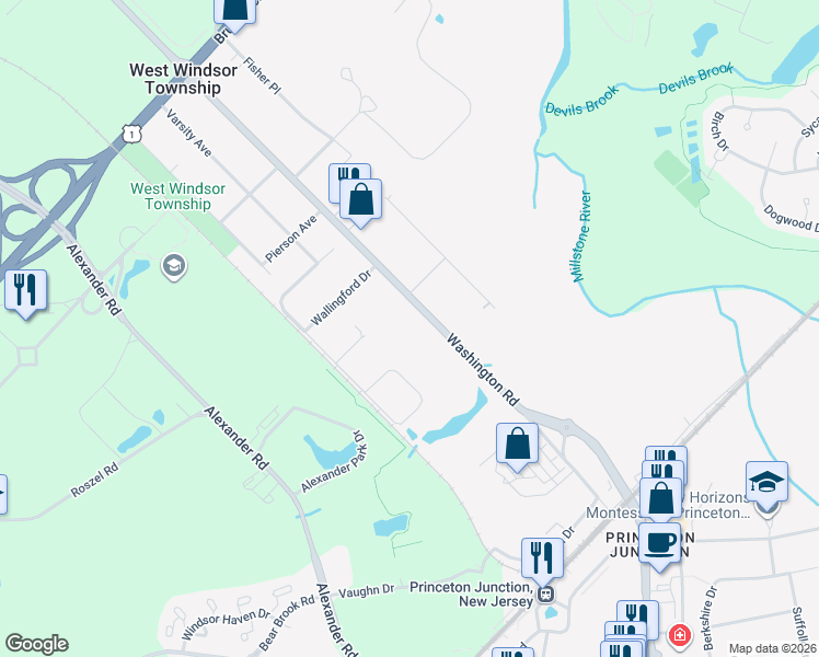 map of restaurants, bars, coffee shops, grocery stores, and more near 130 Washington Road in Princeton