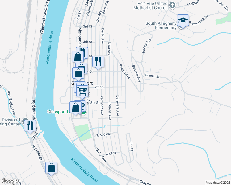 map of restaurants, bars, coffee shops, grocery stores, and more near 643 Delaware Avenue in Glassport