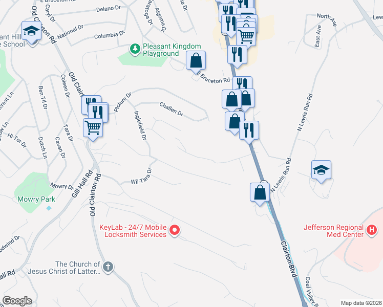 map of restaurants, bars, coffee shops, grocery stores, and more near 348 Challen Drive in Pittsburgh
