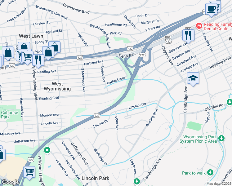 map of restaurants, bars, coffee shops, grocery stores, and more near 1935 Reading Boulevard in West Lawn