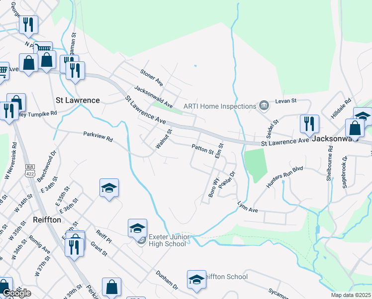map of restaurants, bars, coffee shops, grocery stores, and more near 3640 Saint Lawrence Avenue in Reading