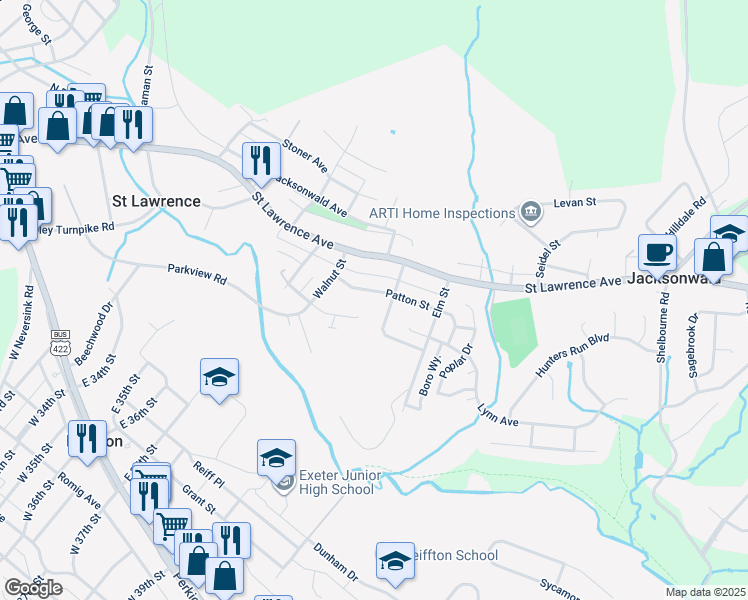 map of restaurants, bars, coffee shops, grocery stores, and more near 3630 Patton Street in Reading
