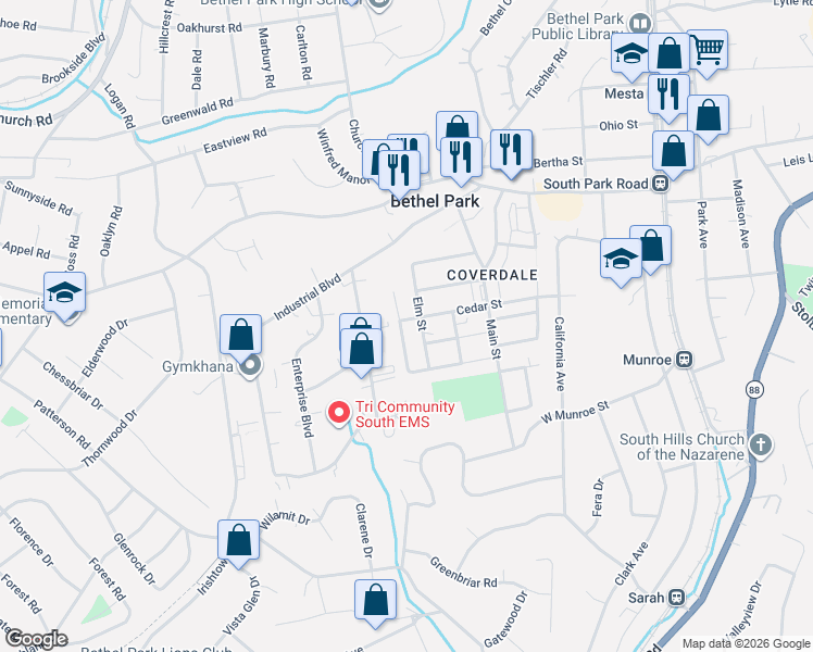 map of restaurants, bars, coffee shops, grocery stores, and more near 2897 Maple Street in Bethel Park