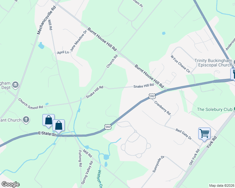 map of restaurants, bars, coffee shops, grocery stores, and more near 2934 Snake Hill Road in Doylestown