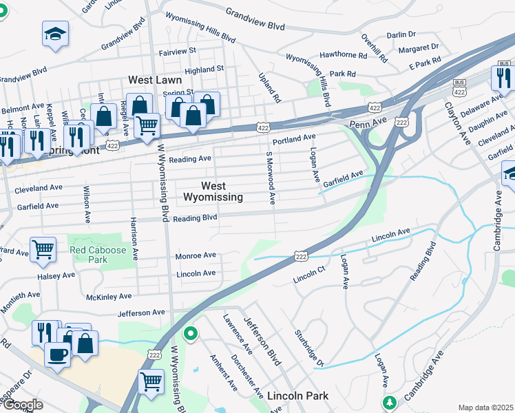 map of restaurants, bars, coffee shops, grocery stores, and more near 2131 Reading Boulevard in West Lawn