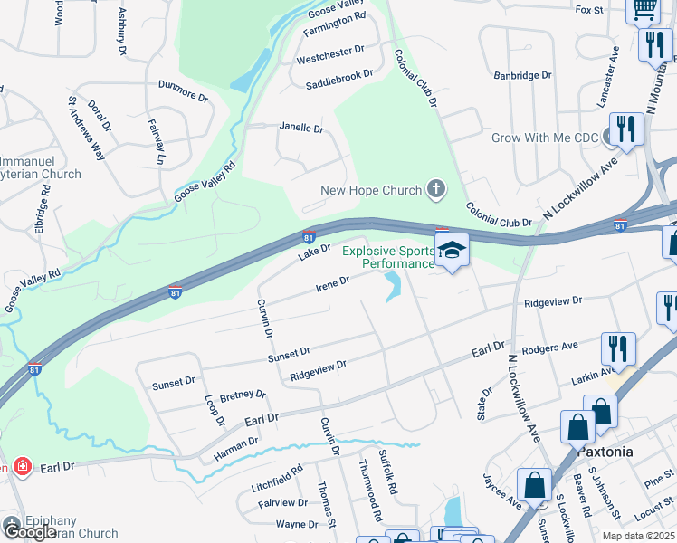 map of restaurants, bars, coffee shops, grocery stores, and more near 5140 Irene Drive in Harrisburg