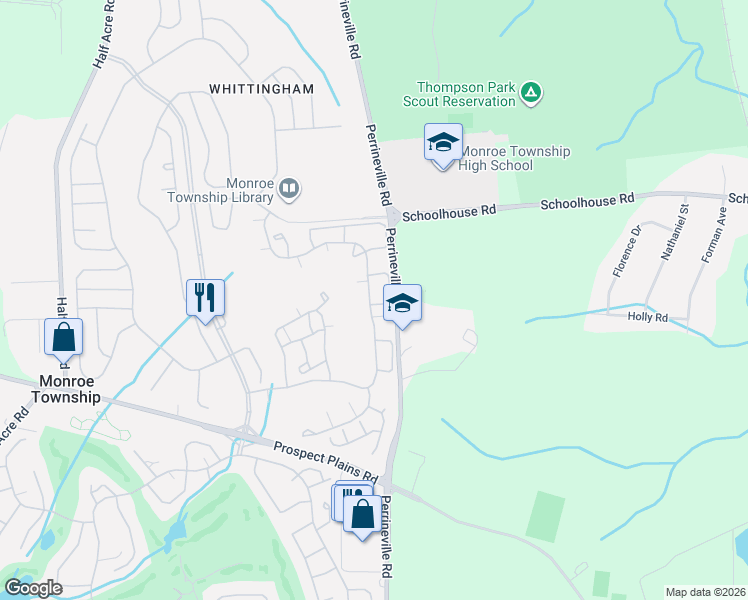 map of restaurants, bars, coffee shops, grocery stores, and more near 57A Winthrop Road in Monroe Township