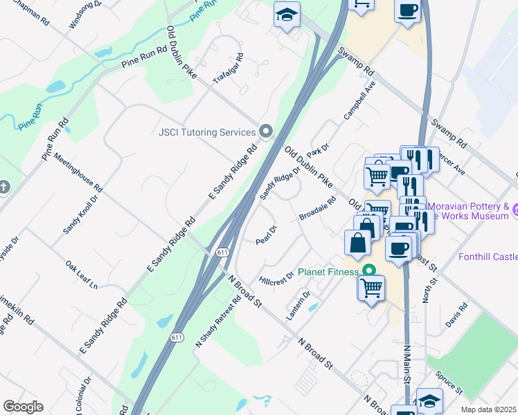 map of restaurants, bars, coffee shops, grocery stores, and more near 1 Pearl Drive in Doylestown