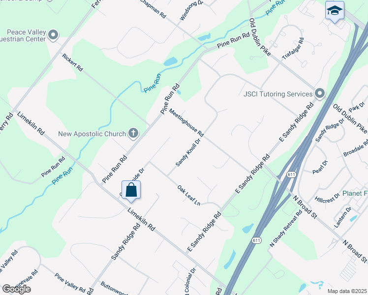 map of restaurants, bars, coffee shops, grocery stores, and more near 321 Sandy Knoll Drive in Doylestown