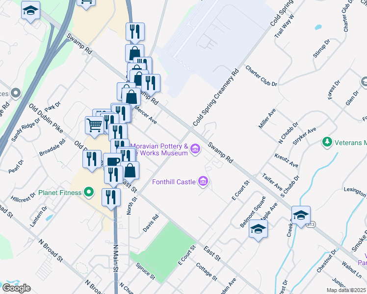 map of restaurants, bars, coffee shops, grocery stores, and more near 697 North Street in Doylestown