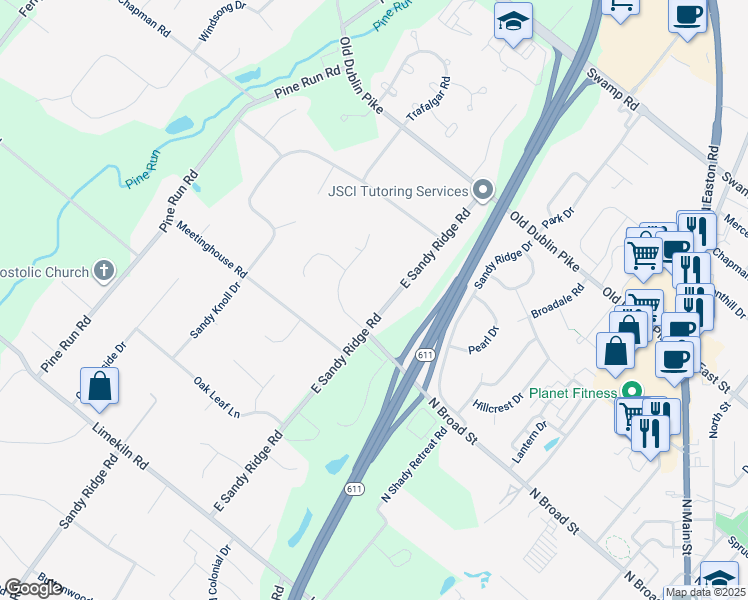 map of restaurants, bars, coffee shops, grocery stores, and more near 1040 East Sandy Ridge Road in Doylestown