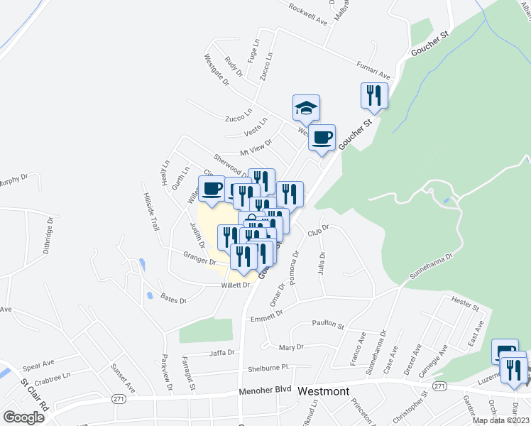 map of restaurants, bars, coffee shops, grocery stores, and more near 201-261 Sherwood Drive in Johnstown