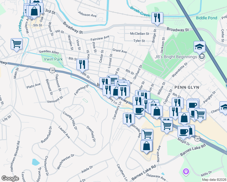 map of restaurants, bars, coffee shops, grocery stores, and more near 9489 Lincoln Highway in Irwin