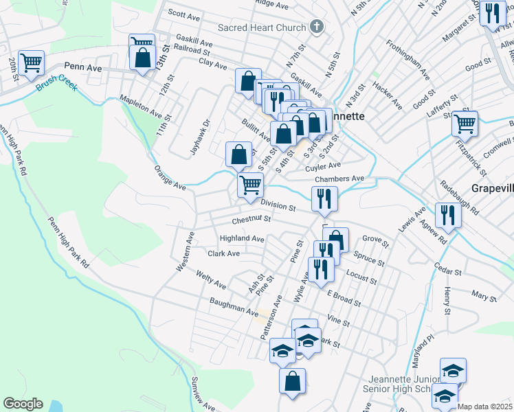 map of restaurants, bars, coffee shops, grocery stores, and more near 500 South 4th Street in Jeannette