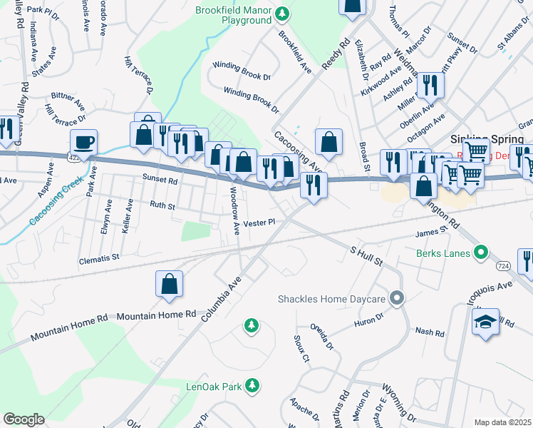 map of restaurants, bars, coffee shops, grocery stores, and more near 629 Vester Place in Sinking Spring