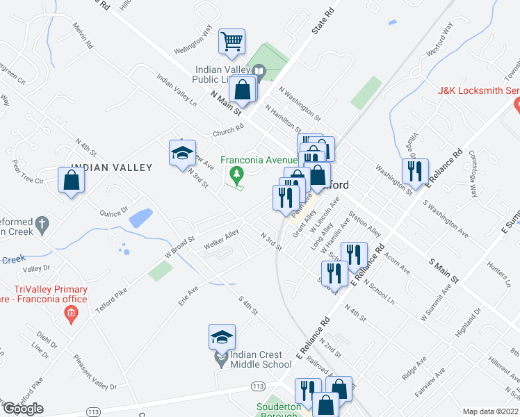 map of restaurants, bars, coffee shops, grocery stores, and more near 232 West Broad Street in Telford