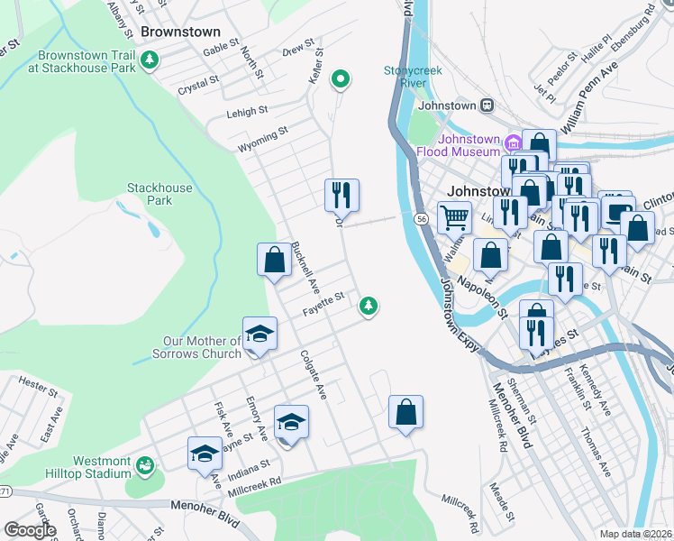 map of restaurants, bars, coffee shops, grocery stores, and more near 709 Edgehill Drive in Johnstown