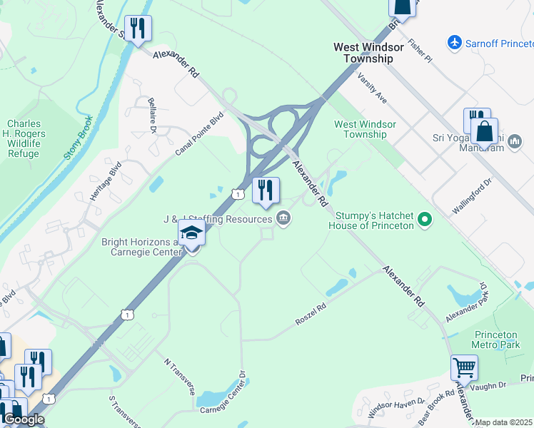 map of restaurants, bars, coffee shops, grocery stores, and more near 102 Carnegie Center in Princeton