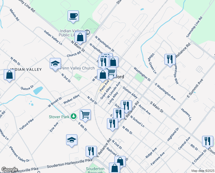 map of restaurants, bars, coffee shops, grocery stores, and more near 162 Penn Avenue in Telford