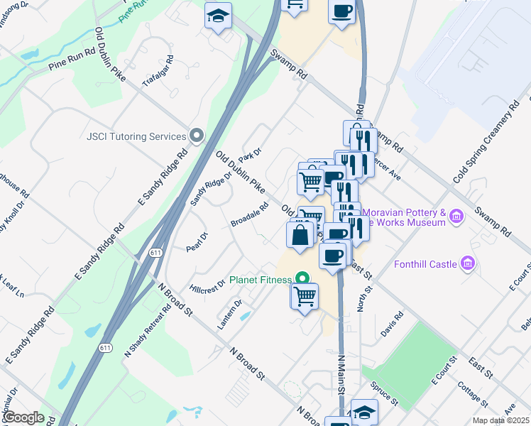 map of restaurants, bars, coffee shops, grocery stores, and more near 5 Broadale Road in Doylestown