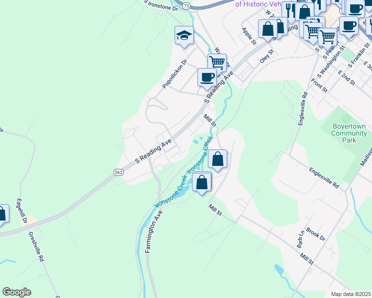 map of restaurants, bars, coffee shops, grocery stores, and more near 644 South Reading Avenue in Boyertown