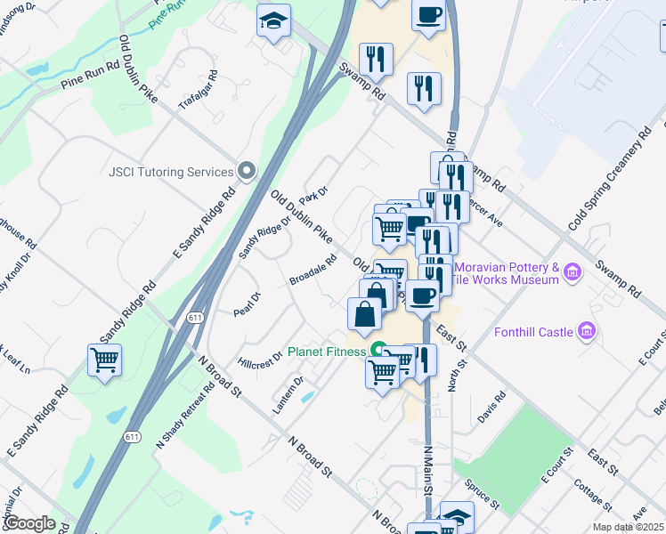 map of restaurants, bars, coffee shops, grocery stores, and more near 5 Broadale Road in Doylestown