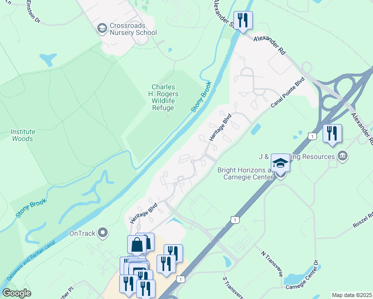map of restaurants, bars, coffee shops, grocery stores, and more near 16 Aldgate Court in Princeton