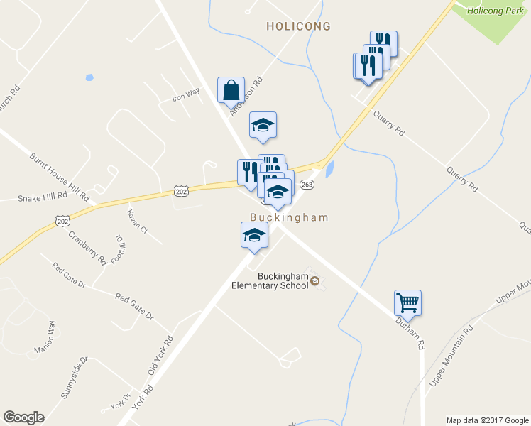 map of restaurants, bars, coffee shops, grocery stores, and more near 2543 Bogarts Tavern Road in Doylestown