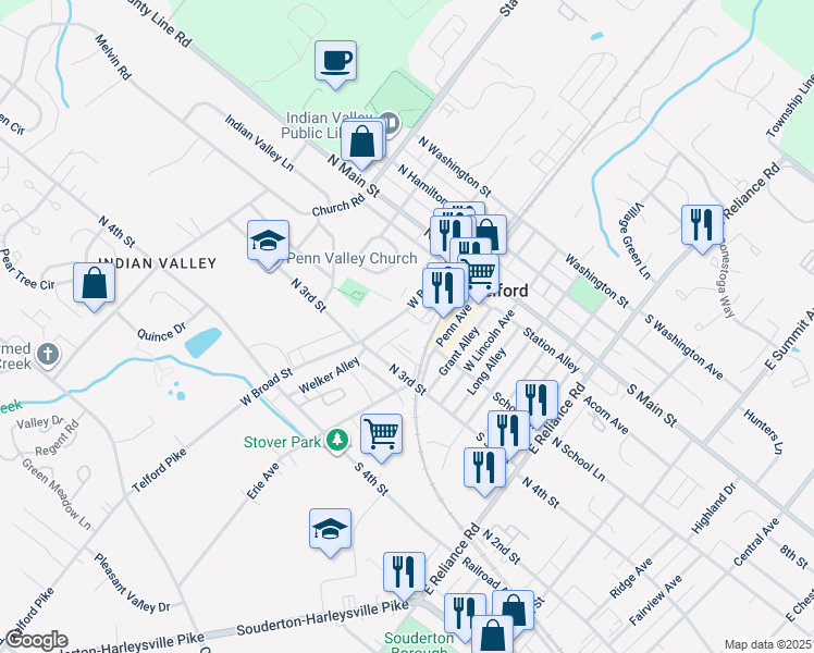 map of restaurants, bars, coffee shops, grocery stores, and more near 176 West Broad Street in Telford