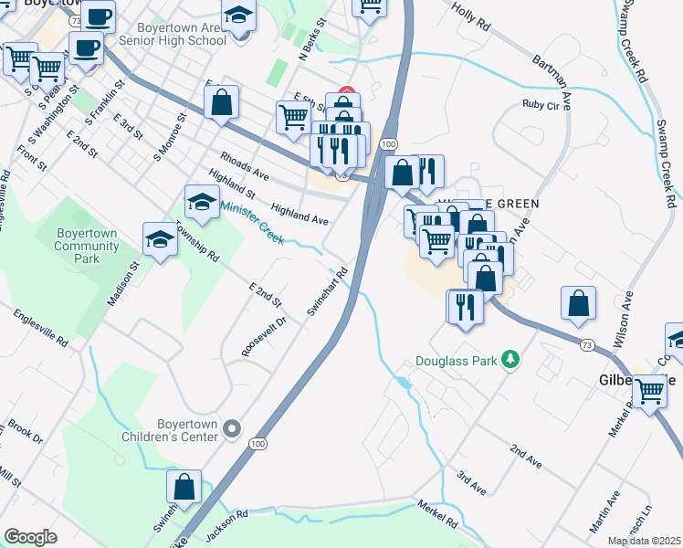 map of restaurants, bars, coffee shops, grocery stores, and more near 90 Swinehart Road in Boyertown