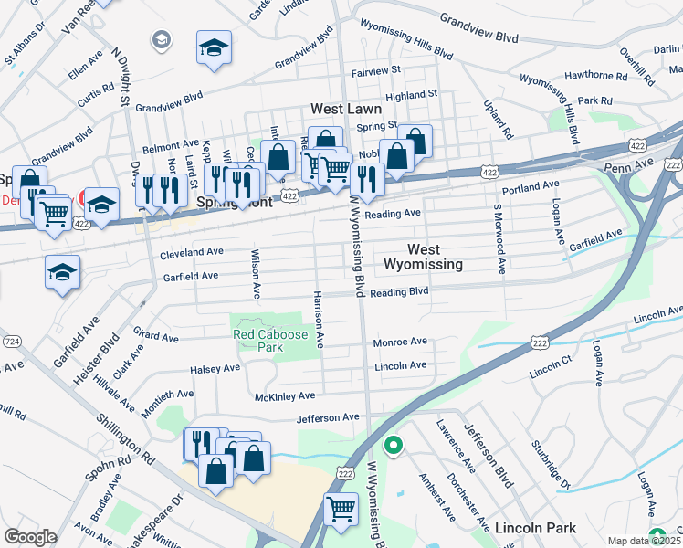 map of restaurants, bars, coffee shops, grocery stores, and more near 2307 Garfield Avenue in West Lawn