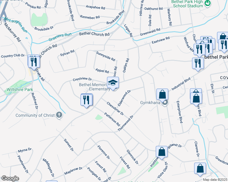 map of restaurants, bars, coffee shops, grocery stores, and more near 3301 South Park Road in Bethel Park