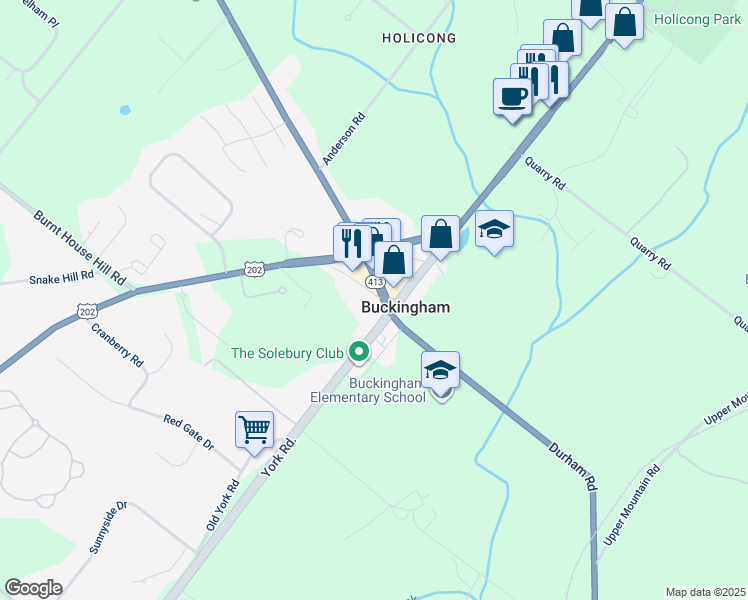 map of restaurants, bars, coffee shops, grocery stores, and more near 2524 Bogarts Tavern Road in Doylestown