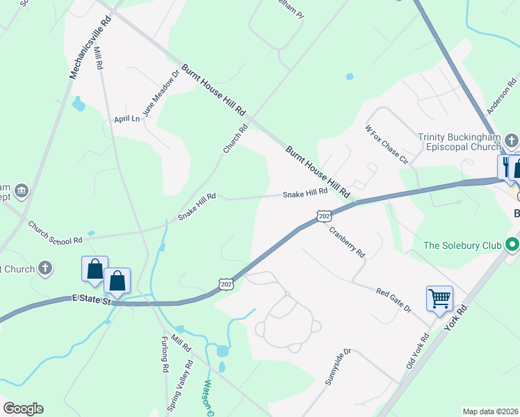 map of restaurants, bars, coffee shops, grocery stores, and more near 2934 Snake Hill Road in Doylestown