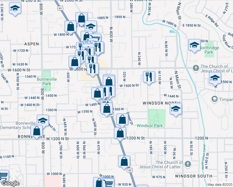 map of restaurants, bars, coffee shops, grocery stores, and more near 1461 North Amiron Way in Orem