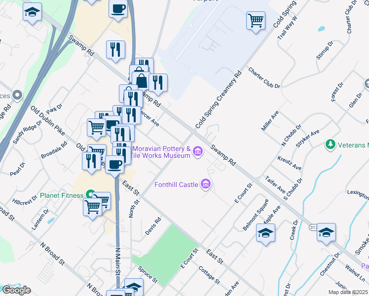 map of restaurants, bars, coffee shops, grocery stores, and more near 697 North Street in Doylestown