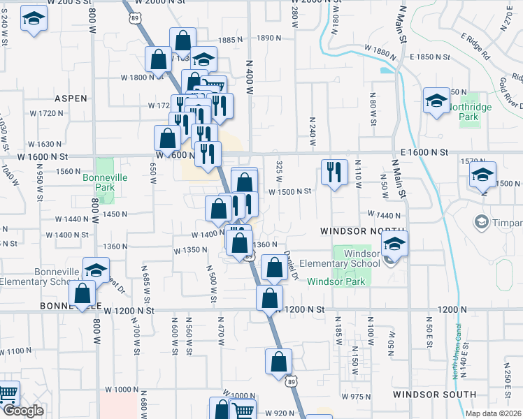 map of restaurants, bars, coffee shops, grocery stores, and more near 1461 North Amiron Way in Orem