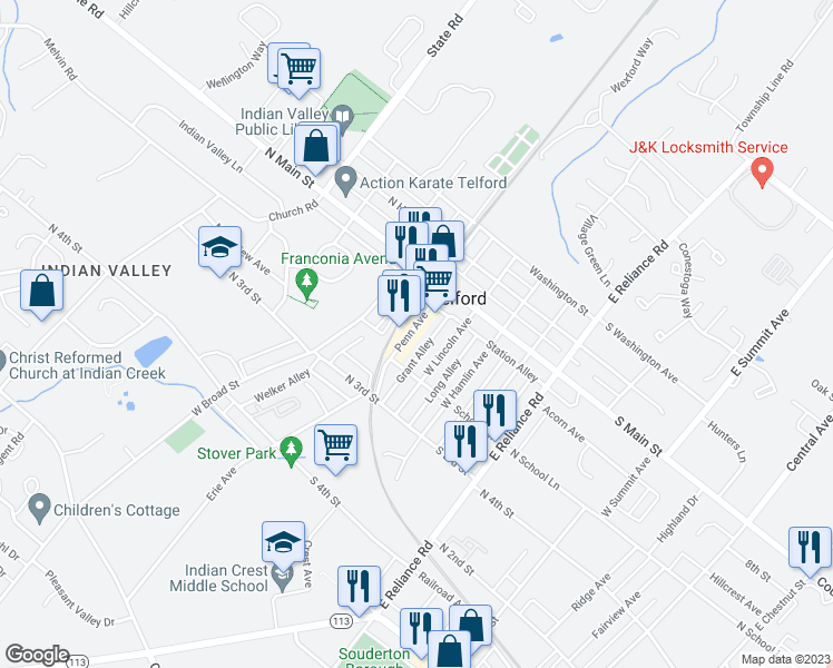 map of restaurants, bars, coffee shops, grocery stores, and more near 162 Penn Avenue in Telford